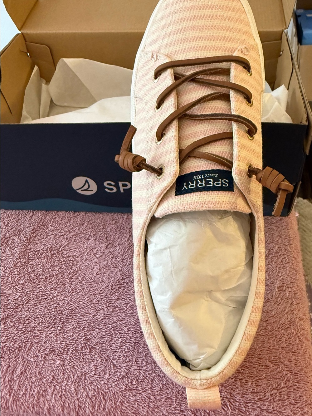 Sperry Pink Striped Canvas Boat Shoe with Brown Laces
